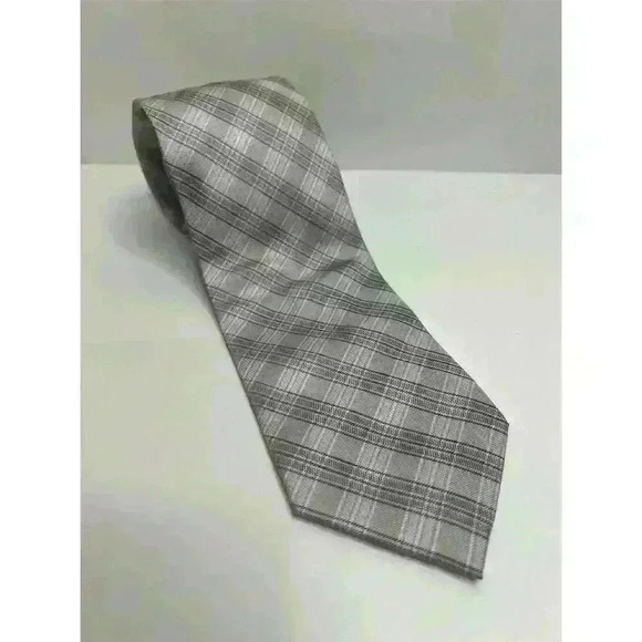 Dona Vincero Men's Plaid Necktie Gray & White Classic Length - Picture 1 of 3